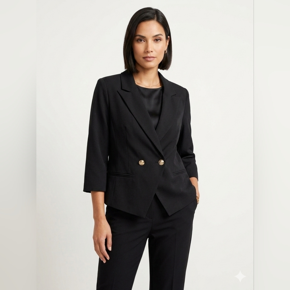 Carole Wren Black Knit Blazer Size L Double Breasted Gold Buttons Stretch Work